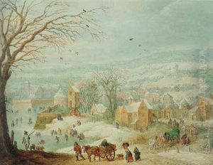 Extensive Winter Landscape With A Town And Figures by Karel Beschey
