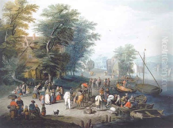 A Wooded River Landscape With Travellers Unloading Cargo - view 1