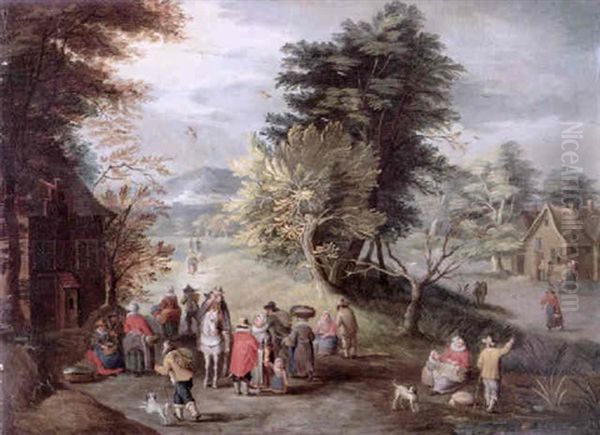 Numerous Figures On A Country Road Beside A Cottage, A Town And Mountains Beyond - view 1