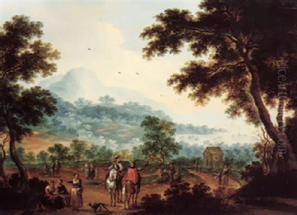 A Hilly Wooded Landscape With Travellers And Horsemen On A Path - view 1