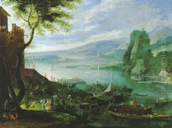 Weite Fluslandschaft Mit Vielen Figuren Und Booten - view 1