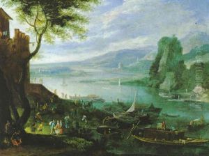 Weite Fluslandschaft Mit Vielen Figuren Und Booten by Karel Beschey