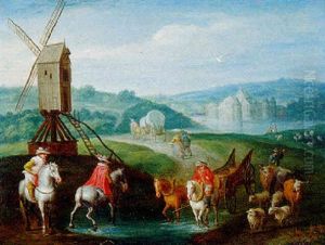 Cavaliers Passant Devant Un Moulin by Karel Beschey