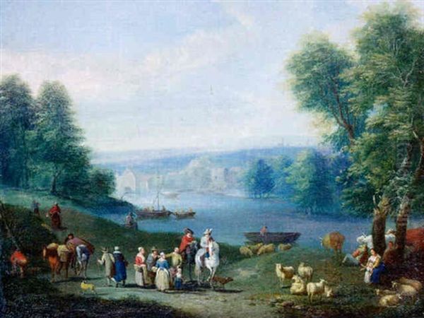 Paysage Fluvial Anime De Cavaliers - view 1