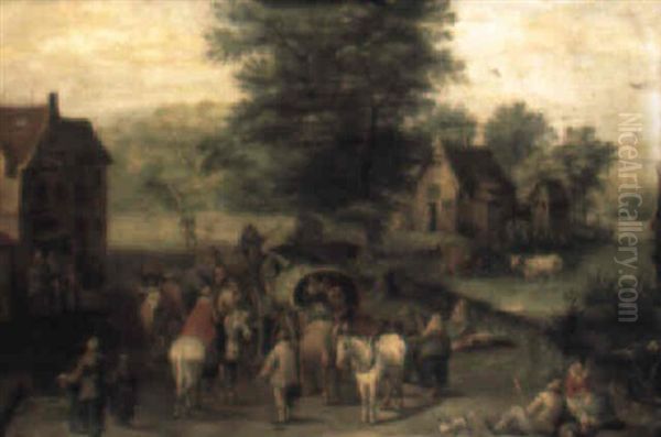 Villagers In A Wagon Conversing With Travellers On Horseback - view 1