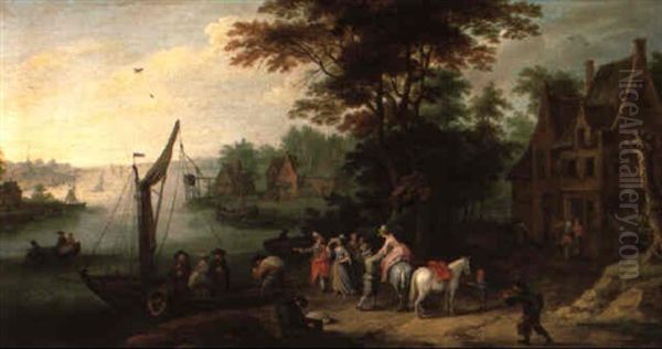 Dorf An Einem Flus Mit Booten Und Figuren - view 1
