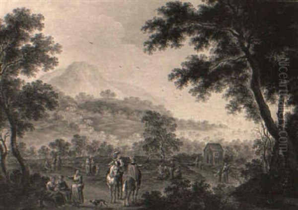 A Mountainous Landscape With Travellers Asking Directions On A Country Path - view 1