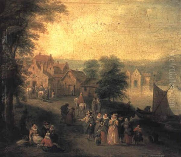 Elegant Company At A Lake, A Village Beyond - view 1