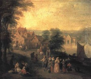 Elegant Company At A Lake, A Village Beyond by Karel Beschey