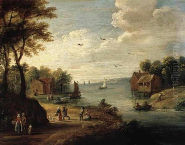 Fluslandschaft Mit Bauernhausern Und Booten - view 1