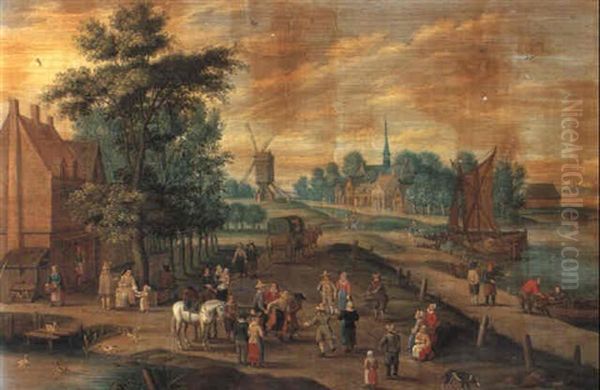 Peasants Promenading Along A Waterway By A Village - view 1
