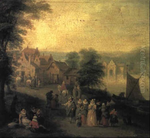 Elegant Company At A Lake, Village Beyond - view 1