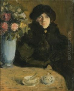 Portrait De Femme Au Vase De Fleurs by Albert Besnard