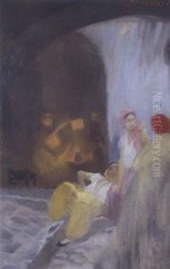 Jeunes Femmes Devant Le Cafe Maure by Albert Besnard
