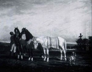 After The Hunt: A Gentleman With Three Horses In A Landscape After The Hunt: A Gentleman With Three Horses In A Landscape