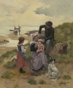 Famille De Pecheurs Sur La Plage by Amedee Besnus