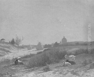 Rastende Hirtin Mit Ziegen, Im Hintergrund Die Domkuppel Einer Stadt