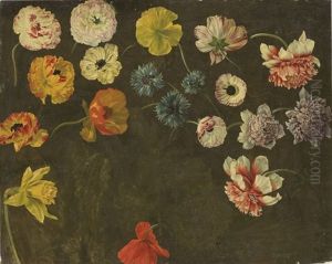 Une Jonquille, Des Bleuets, Des Renoncules Blanches Et Roses, Des Chrysanthemes Bleus Et Un Coquelicot by Pancrace Bessa