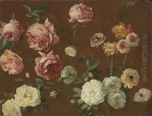 Pink And White Roses, Chrysanthemums And Poppies (+ Sketch With A Woman And Her Children, Verso) by Pancrace Bessa
