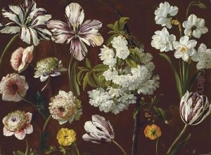 Purple Tulips, White Flowering Prunus, Narcissus And Pink Chrysanthemum by Pancrace Bessa
