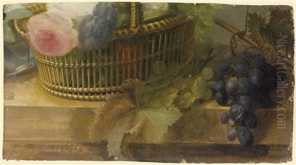 Un Panier De Roses Et Des Grappes De Raisins Posees Sur Un Entablement - view 1