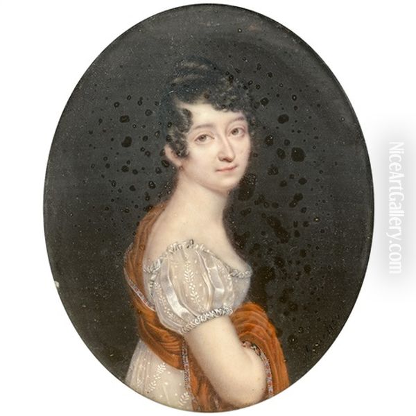 Portrait De Jeune Femme Au Chale Rouge Borde De Cachemire - view 1