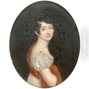 Portrait De Jeune Femme Au Chale Rouge Borde De Cachemire by Claude-Jean Besselievre