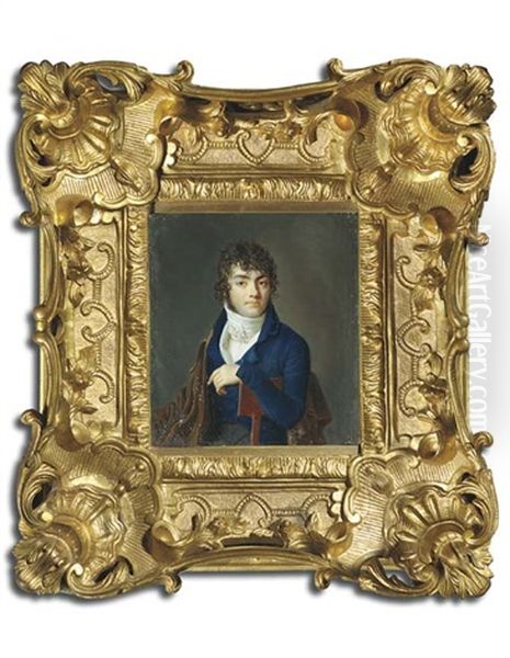 A Young Gentleman Seated With His Left Arm Draped Over The Back Of A Wooden Chair, In Blue Coat, White Waistcoat And Tied Cravat, Brown Cloak Draped Over His Right Shoulder - view 1