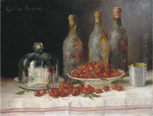 Still Life With Cherries, Cheese And Bottles On A Table - view 1