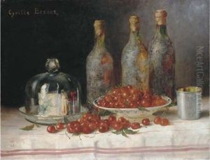 Still Life With Cherries, Cheese And Bottles On A Table