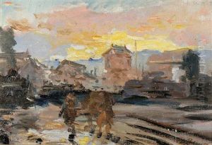 Gare De Perrache, L'arrivee De La Locomotive by Louis Antoine Besson(Beysson)