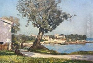 Mere Et Enfant Sous Le Grand Chene Bordant La Crique by Louis Antoine Besson(Beysson)