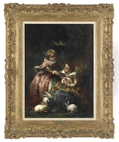 Two Children Playing With Rabbits - view 1