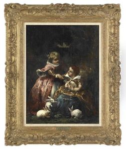 Two Children Playing With Rabbits by Faustin Besson