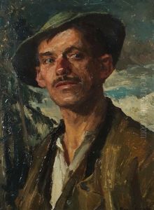 Portrait Eines Jungen Jagers Vor Landschaftshintergrund by Hans Best
