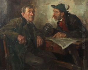Zwei Jager In Der Stube Am Tisch Sitzend by Hans Best