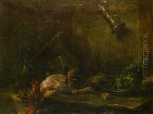 Still Life Of Game, Wine, Baskets And Cabbage