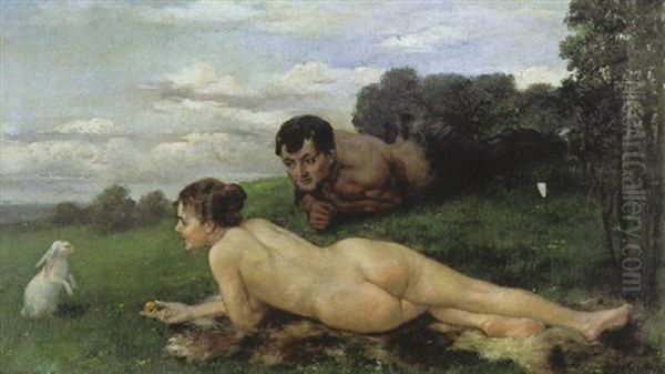 Liegender Madchenakt Mit Hase Und Satyr - view 1