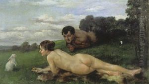 Liegender Madchenakt Mit Hase Und Satyr by Hans Best