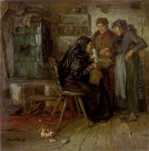 Drei Alte Bauerinnen Beim Kachelofen Im Gesprach by Hans Best