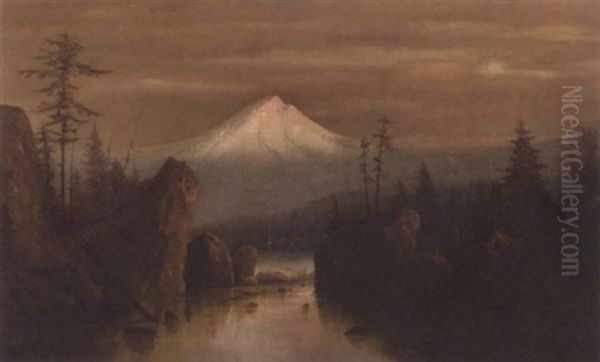 Night Camp At Lakeshore With Mount Hood In The Distance - view 1