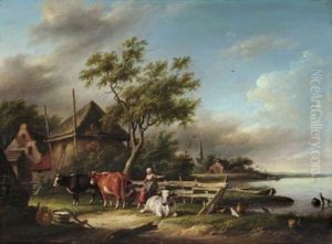 Bauernfamilie Beim Melken Des Viehs by Albertus Jacobus Besters