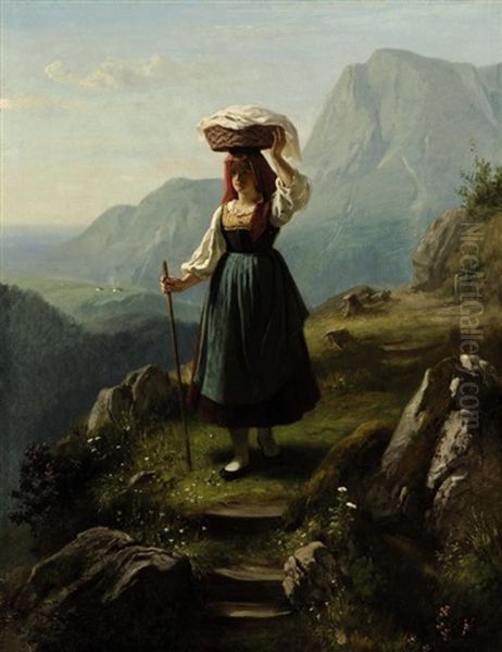Junge Bauerin Mit Korb Auf Einem Gebirgspfad - view 1