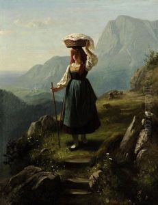Junge Bauerin Mit Korb Auf Einem Gebirgspfad by Hermann Bethke