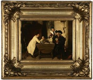 Card Players And Barmaid In An Interior by Hermann Bethke