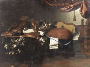An Armillary Sphere, A Trumpet, Books, A Lute, A Violin, A Guitar And Musical Notebooks, Fruit And Flowers In An Urn On A Stone Ledge Before A Damask Curtain by Bartolomeo Bettera