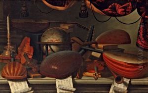 Nature Morte A La Mappemonde, Avec Un Violon, Des Mandolines, Et Des Partitions De Musique Sur Un Entablement De Pierre by Bartolomeo Bettera