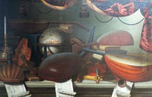 Nature Morte A La Mappemonde, Avec Un Violon, Des Mandolines, Et Des Partitions De Musique Sur Un Entablement De Pierre