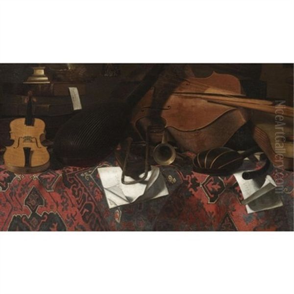A Still Life With Musical Instruments, Including A Violin, A Double Bass, A Trombone And A Lute, Arranged On A Tabletop Draped With A Textured Carpet - view 1