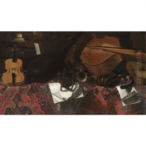 A Still Life With Musical Instruments, Including A Violin, A Double Bass, A Trombone And A Lute, Arranged On A Tabletop Draped With A Textured Carpet by Bartolomeo Bettera